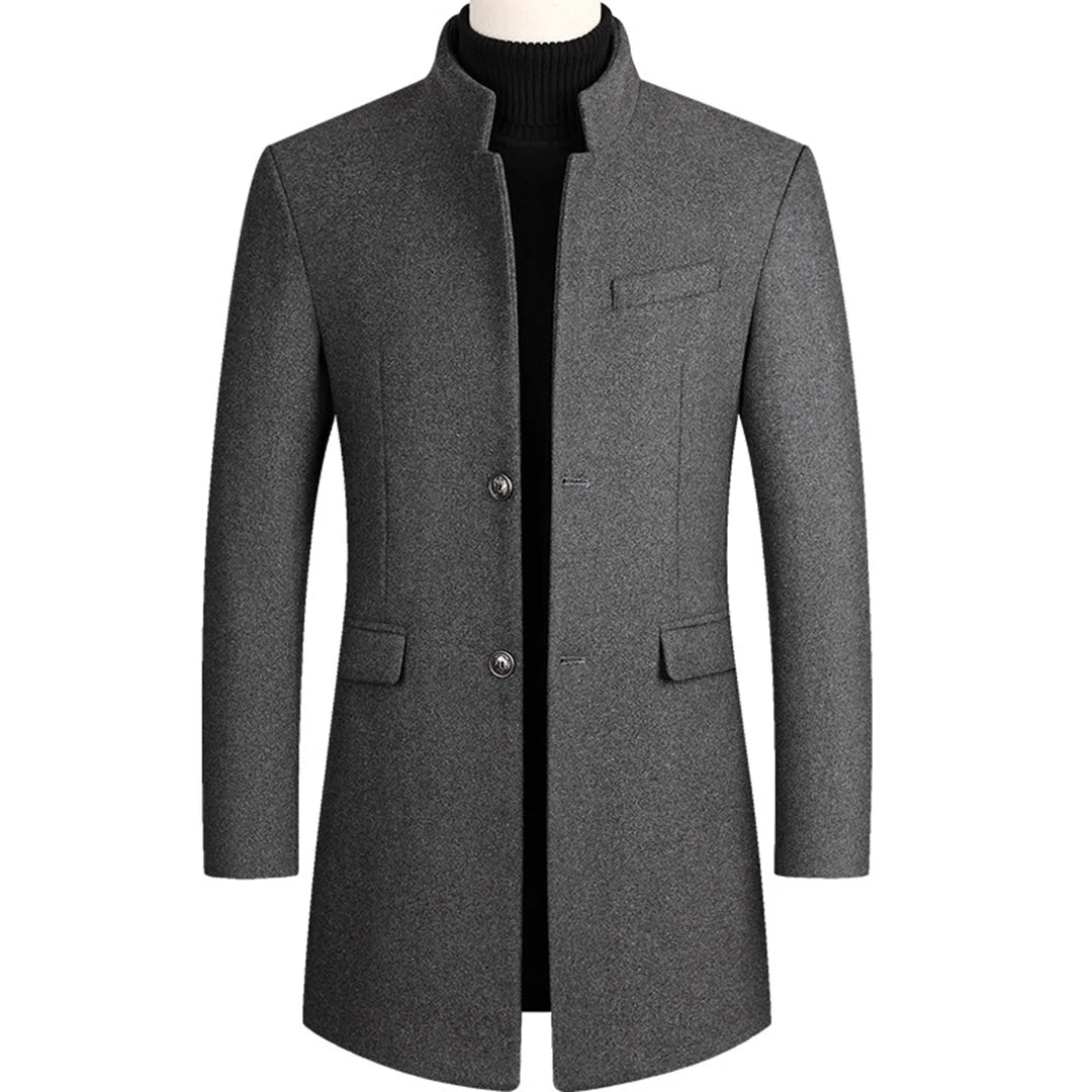 Grey Men's Overcoat with Stand Collar & Single-Breasted Wool Front