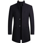 Navy Men's Overcoat with Stand Collar & Single-Breasted Wool Front