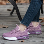Purple Women's Steel Toe Sneakers with Air Cushion Sole & Lace-Up Closure - Outdoor Worn Pose