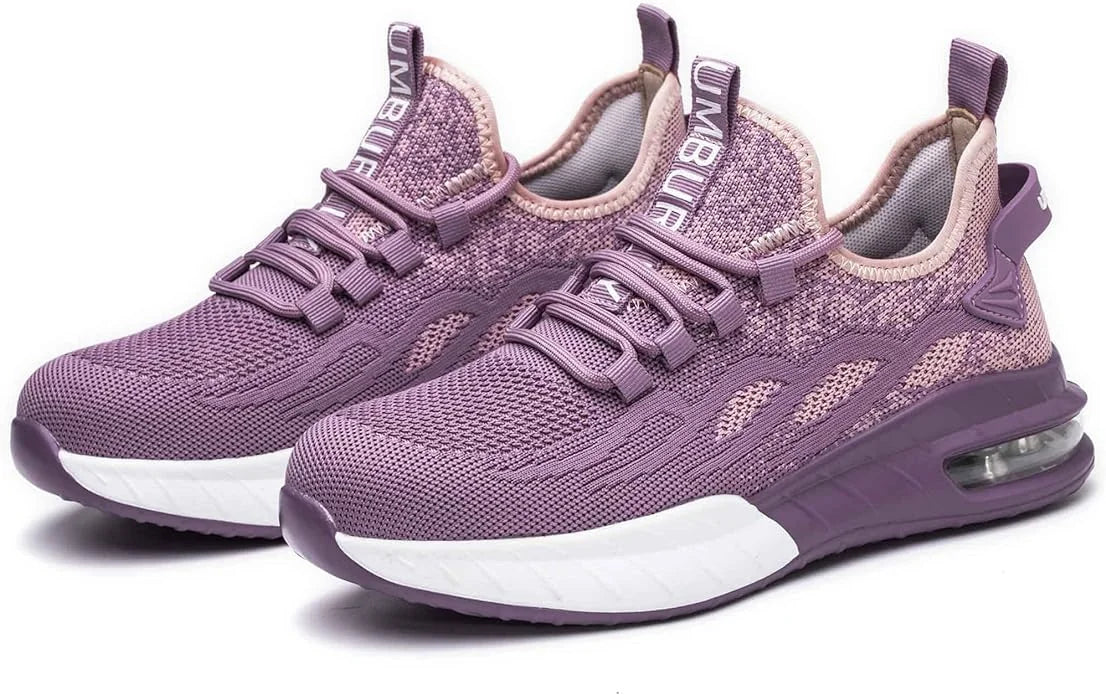 Purple Women's Steel Toe Sneakers with Air Cushion Sole & Lace-Up Closure - Studio Pair Angle