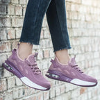Purple Women's Steel Toe Sneakers with Air Cushion Sole & Lace-Up Closure - Worn Lifestyle Hanging