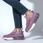 Purple Women's Steel Toe Sneakers with Air Cushion Sole & Lace-Up Closure - Worn White Background