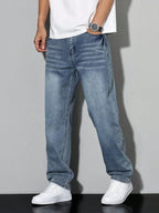 Navy Blue Men's Straight Fit Jeans with Multiple Pockets & Classic Denim Finish - Front Waist Closeup