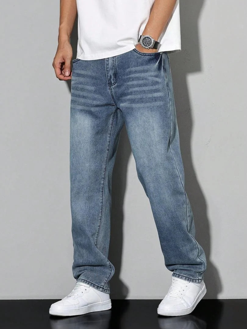 Navy Blue Men's Straight Fit Jeans with Multiple Pockets & Classic Denim Finish - Front Waist Closeup