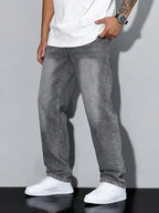 Gray Men's Straight Fit Jeans with Multiple Pockets & Classic Denim Finish