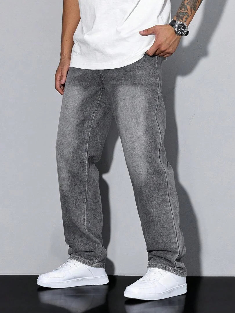 Gray Men's Straight Fit Jeans with Multiple Pockets & Classic Denim Finish