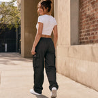 Women's Straight Leg Cargo Pants with Adjustable Drawstring Waist & Flap Pockets - Back Full Walking
