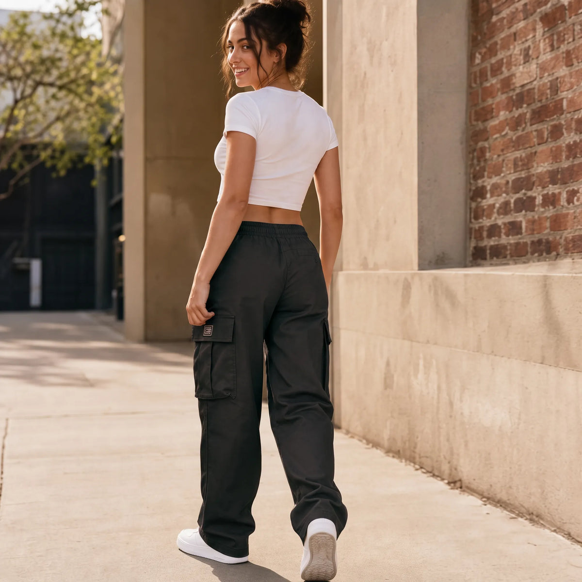 Women's Straight Leg Cargo Pants with Adjustable Drawstring Waist & Flap Pockets - Back Full Walking