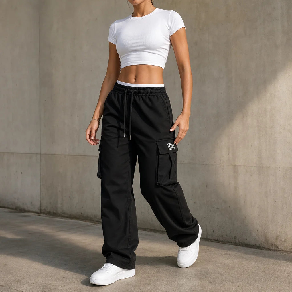 Women's Straight Leg Cargo Pants with Adjustable Drawstring Waist & Flap Pockets - Front Full Standing