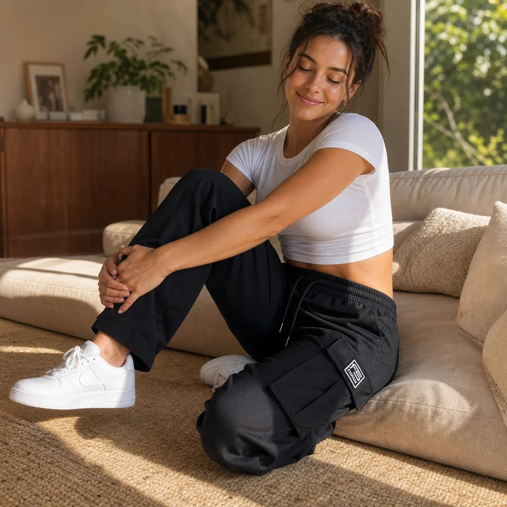 Women's Straight Leg Cargo Pants with Adjustable Drawstring Waist & Flap Pockets - Sitting Lifestyle