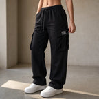 Black Women's Straight Leg Cargo Pants with Adjustable Drawstring Waist & Flap Pockets