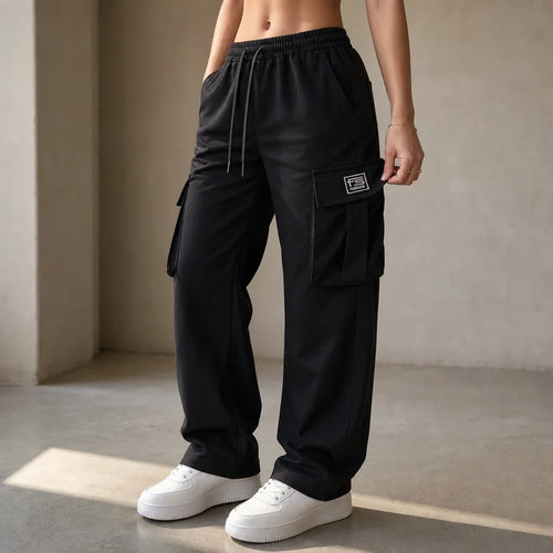 Black Women's Straight Leg Cargo Pants with Adjustable Drawstring Waist & Flap Pockets