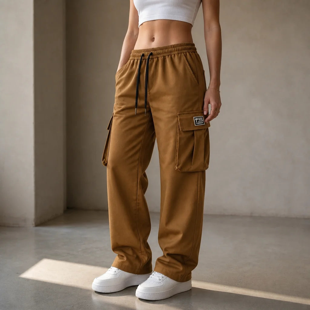 Camel Women's Straight Leg Cargo Pants with Adjustable Drawstring Waist & Flap Pockets