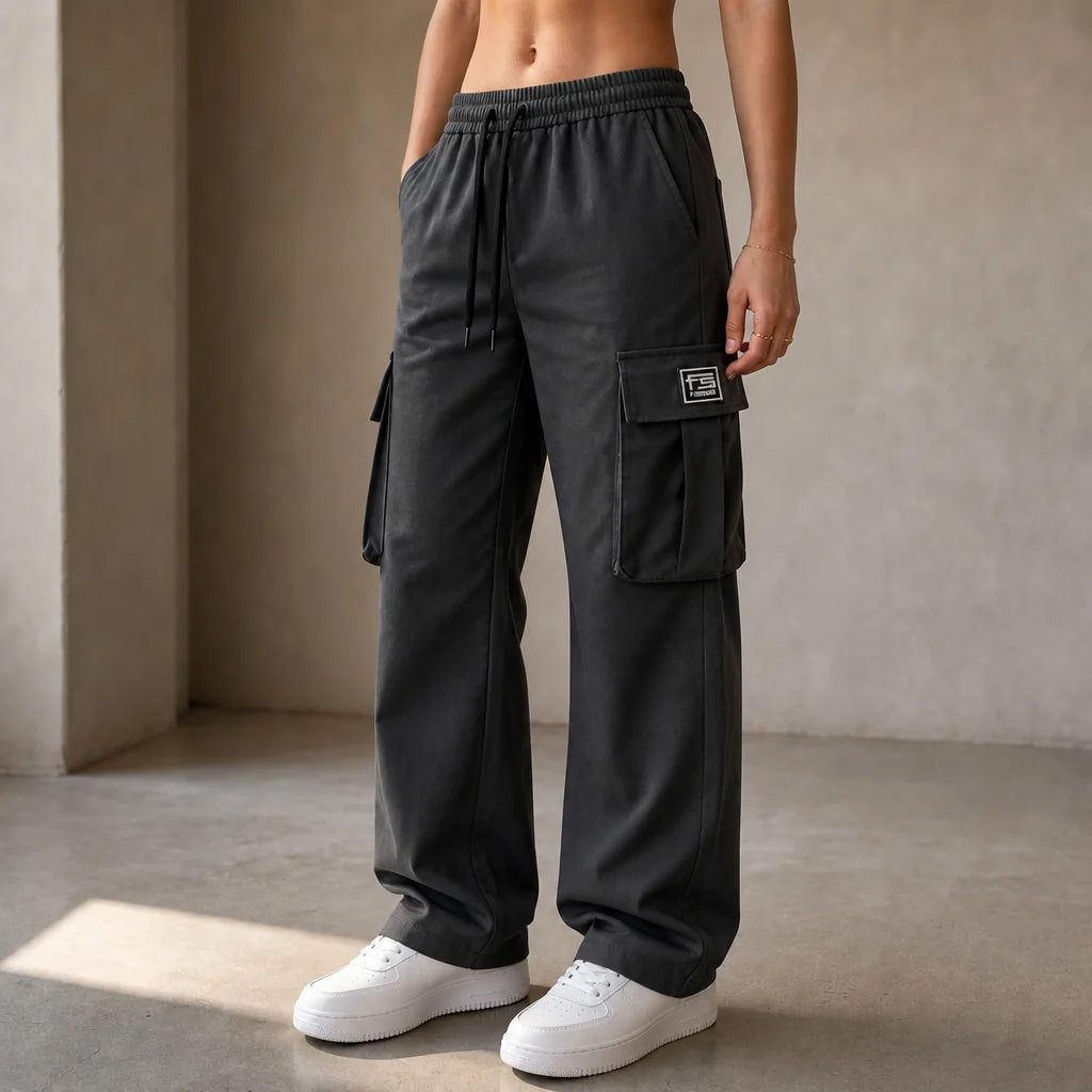 Dark Grey Women's Straight Leg Cargo Pants with Adjustable Drawstring Waist & Flap Pockets