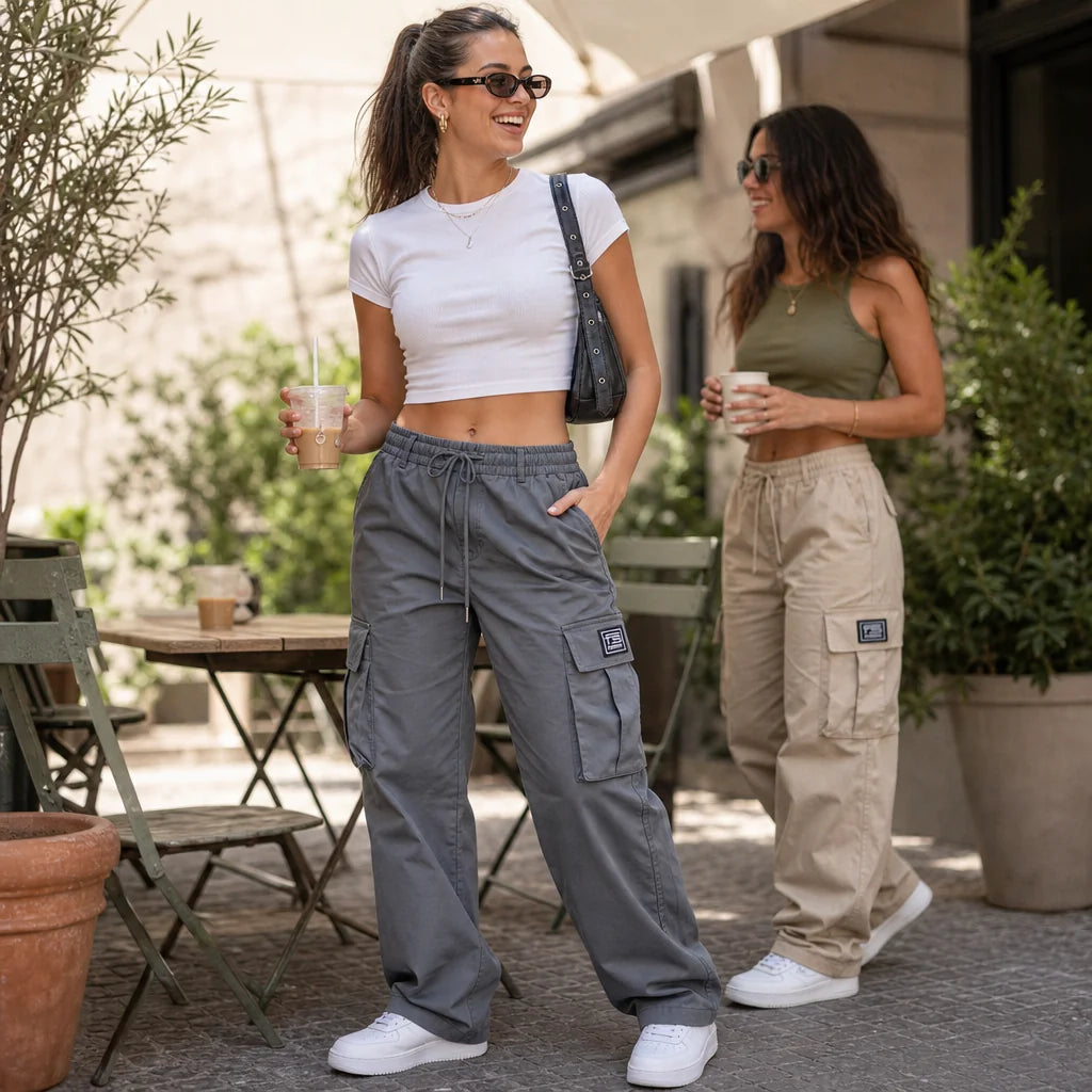 Women's Straight Leg Cargo Pants with Adjustable Drawstring Waist & Flap Pockets - Outdoor Cafe Duo