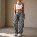 Women's Straight Leg Cargo Pants with Adjustable Drawstring Waist & Flap Pockets