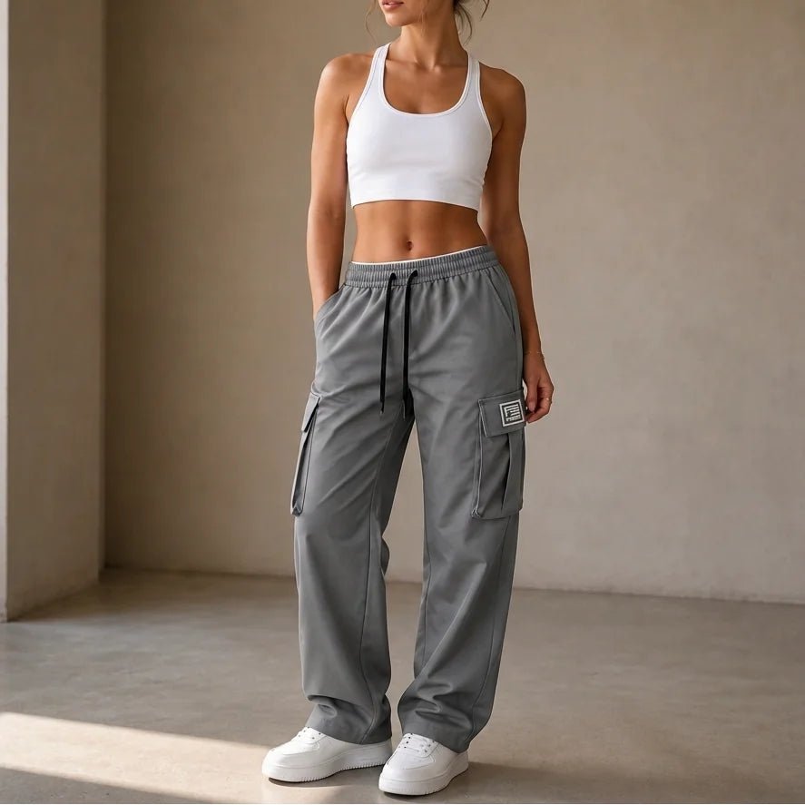 Women's Straight Leg Cargo Pants with Adjustable Drawstring Waist & Flap Pockets