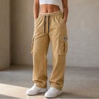 Khaki Women's Straight Leg Cargo Pants with Adjustable Drawstring Waist & Flap Pockets