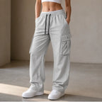 Light Grey Women's Straight Leg Cargo Pants with Adjustable Drawstring Waist & Flap Pockets