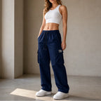 Navy Women's Straight Leg Cargo Pants with Adjustable Drawstring Waist & Flap Pockets