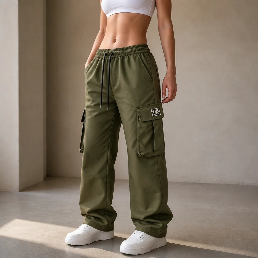 Olive Women's Straight Leg Cargo Pants with Adjustable Drawstring Waist & Flap Pockets
