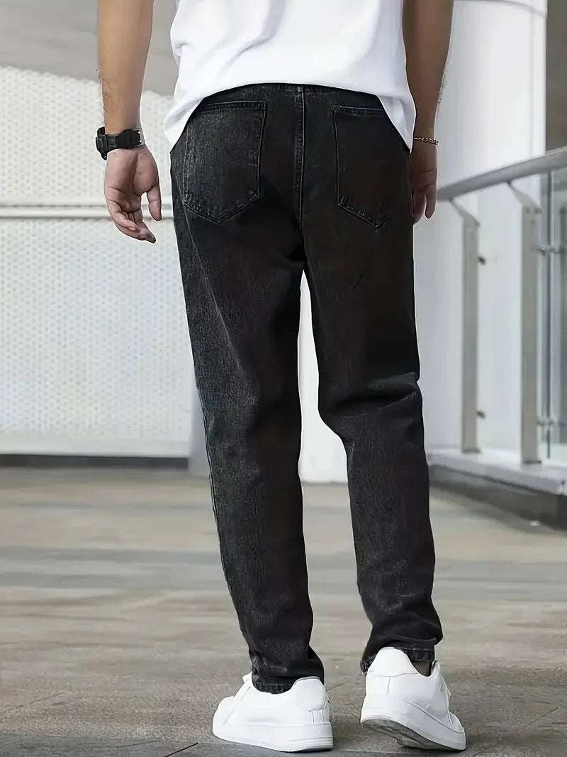 Men's Straight Leg Jeans with Elastic Cuffs & Relaxed Fit - Back Pose