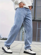 Blue Men's Straight Leg Jeans with Elastic Cuffs & Relaxed Fit