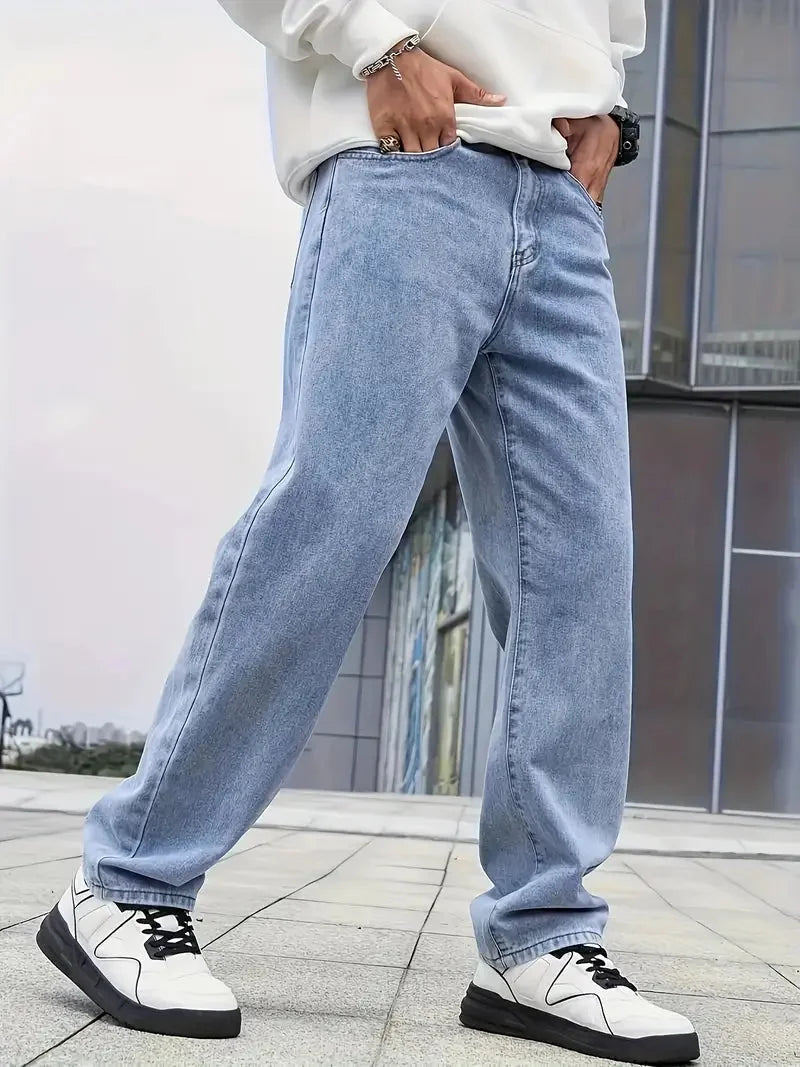 Blue Men's Straight Leg Jeans with Elastic Cuffs & Relaxed Fit