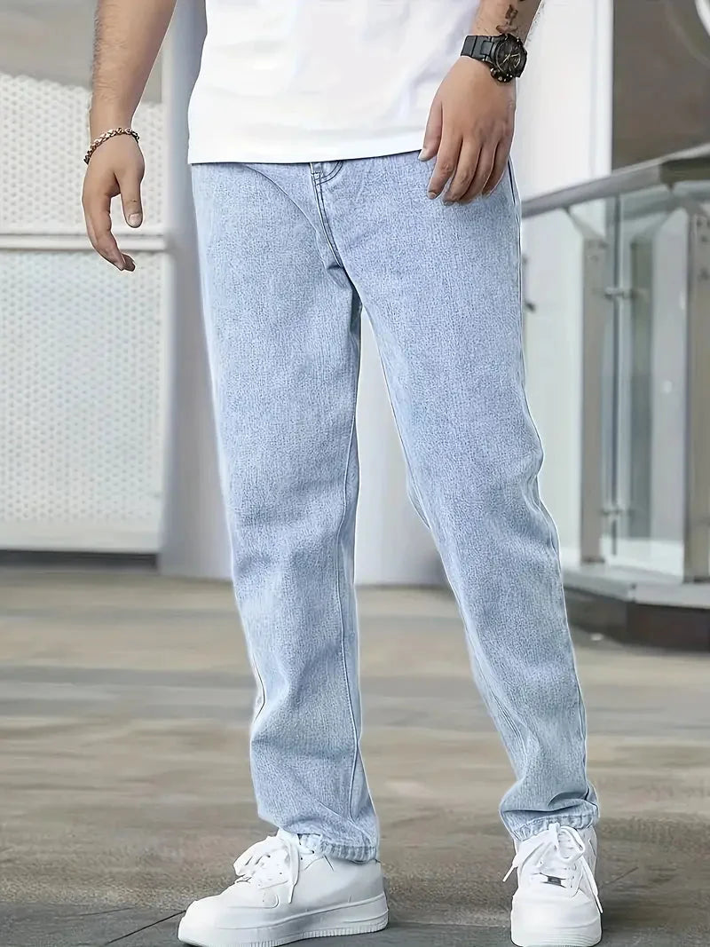 Men's Straight Leg Jeans with Elastic Cuffs & Relaxed Fit - Front Closeup