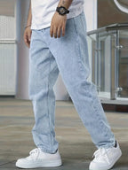 Light Blue Men's Straight Leg Jeans with Elastic Cuffs & Relaxed Fit