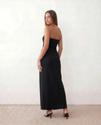 Black Women's Strapless Maxi Dress with Structured Bodice & Side Slit - Back Full