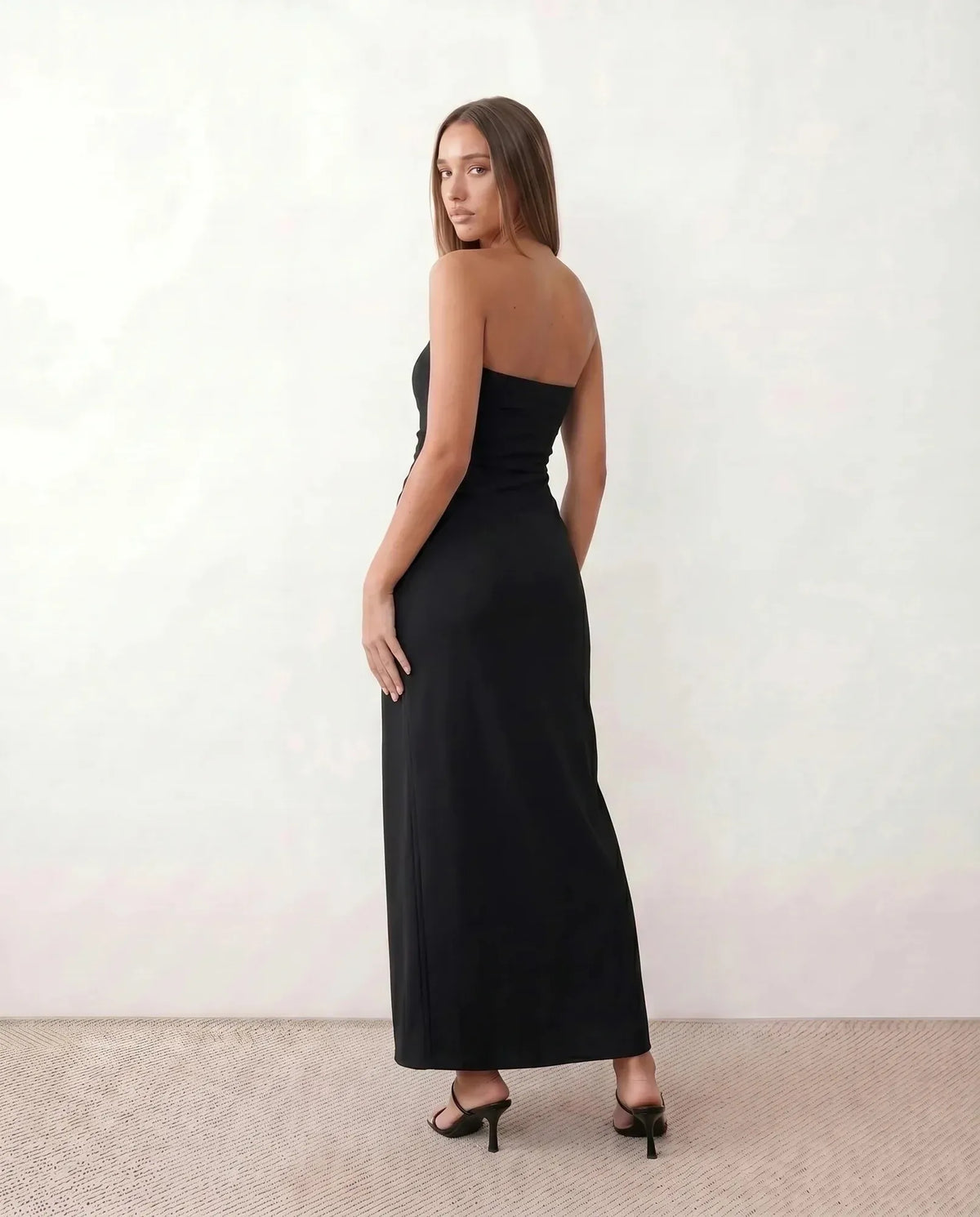 Black Women's Strapless Maxi Dress with Structured Bodice & Side Slit - Back Full