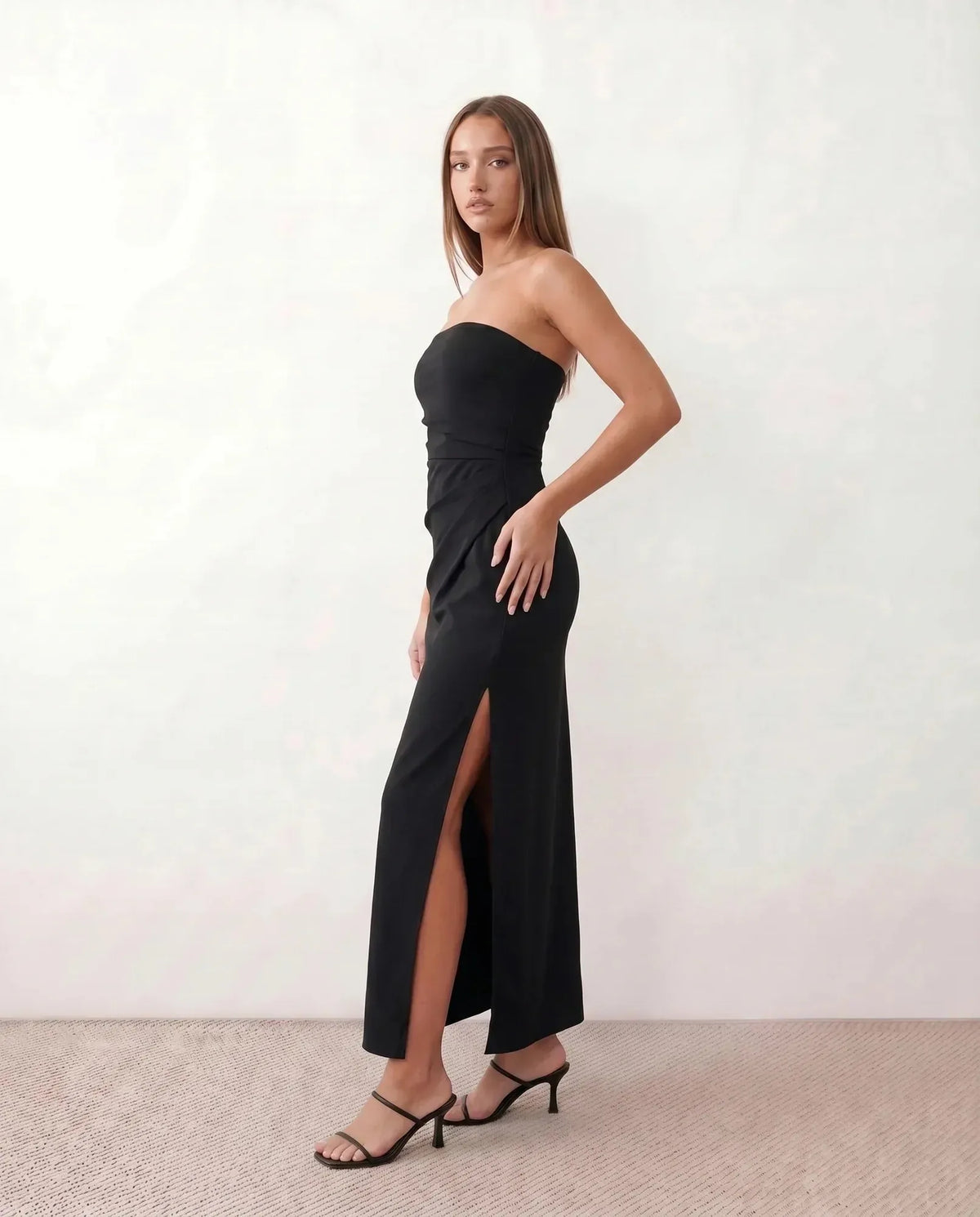 Black Women's Strapless Maxi Dress with Structured Bodice & Side Slit - Side Profile Full