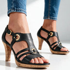 Black Women's Strappy Sandals with Buckle Ankle Strap & Cork Heel — Mila - Worn Front Detail