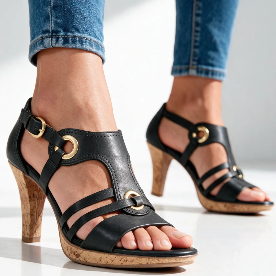 Black Women's Strappy Sandals with Buckle Ankle Strap & Cork Heel — Mila - Worn Front Detail