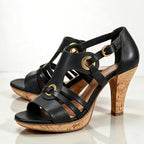 Black Women's Strappy Sandals with Buckle Ankle Strap & Cork Heel