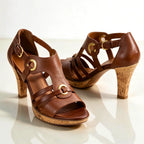 Brown Women's Strappy Sandals with Buckle Ankle Strap & Cork Heel