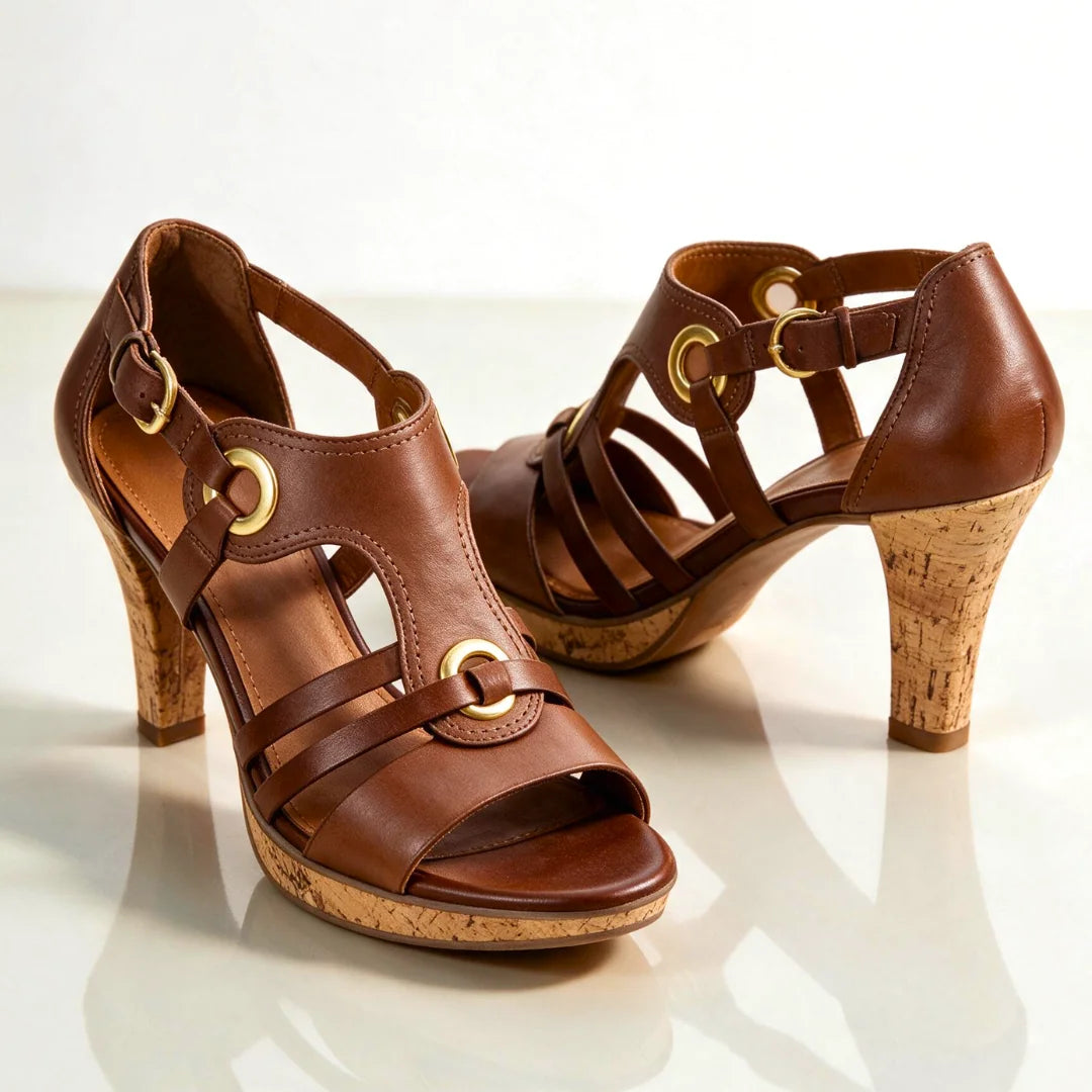 Brown Women's Strappy Sandals with Buckle Ankle Strap & Cork Heel