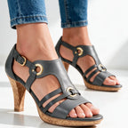Gray Women's Strappy Sandals with Buckle Ankle Strap & Cork Heel — Mila - Worn Ankle Detail