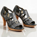 Gray Women's Strappy Sandals with Buckle Ankle Strap & Cork Heel — Mila