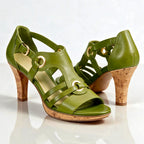 Green Women's Strappy Sandals with Buckle Ankle Strap & Cork Heel