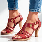 Red Women's Strappy Sandals with Buckle Ankle Strap & Cork Heel — Mila - Worn Close Up