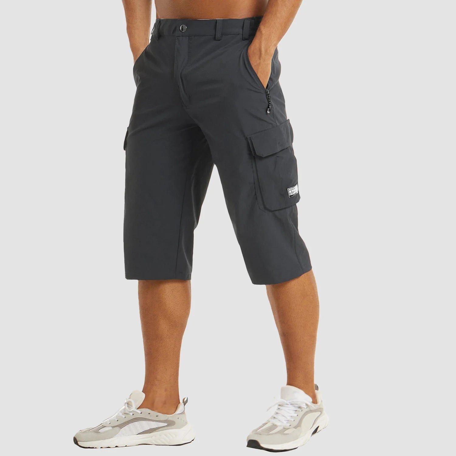 Dark Grey Grey Men's Stretch Cargo Pants — Desmond Slim Fit Multi-Pocket Shorts - Front Standing