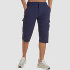 Dark Purple Men's Stretch Cargo Pants — Desmond Slim Fit Multi-Pocket Shorts - Side Pose