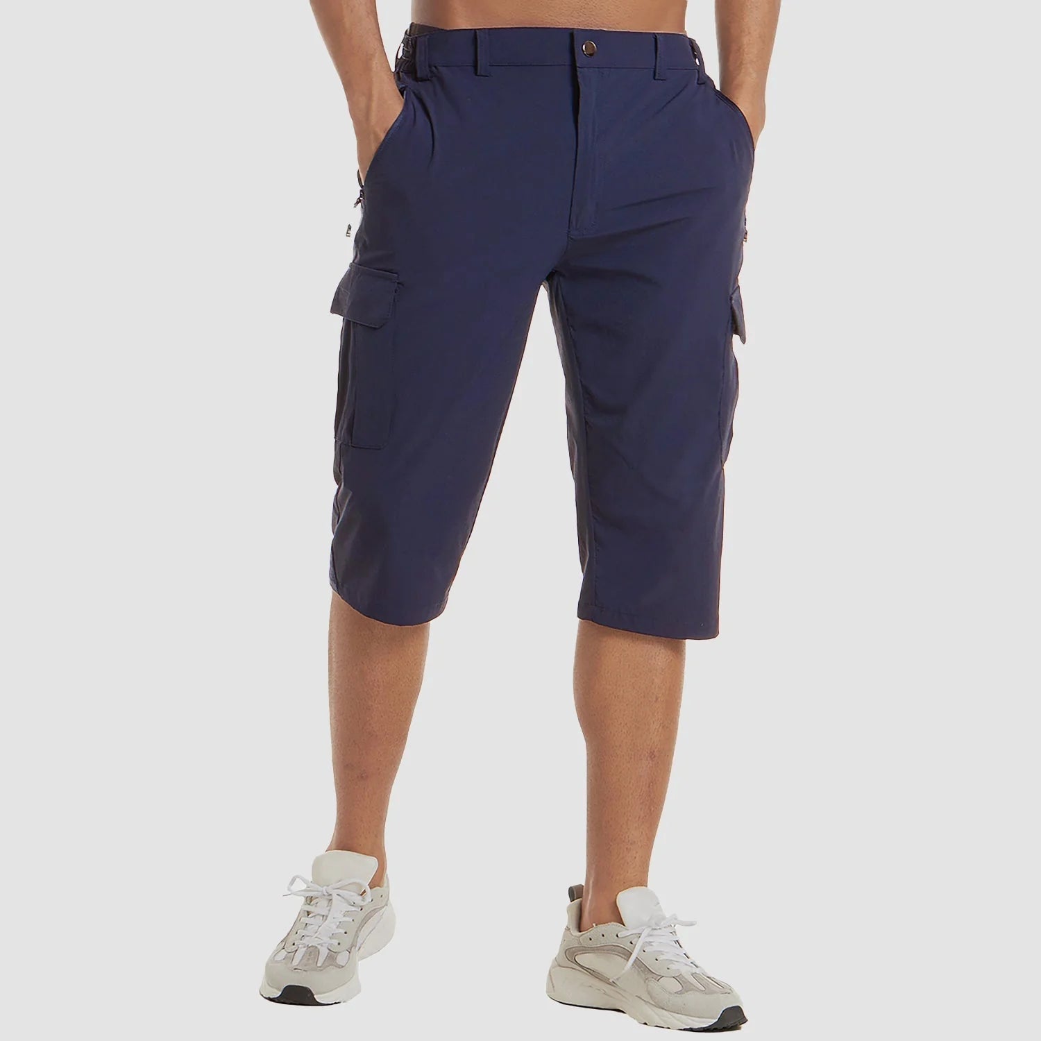 Dark Purple Men's Stretch Cargo Pants — Desmond Slim Fit Multi-Pocket Shorts - Side Pose