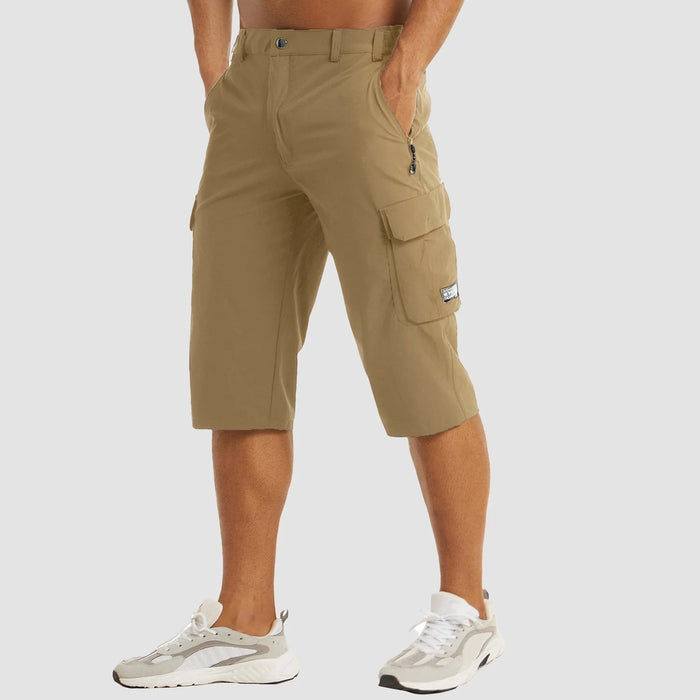 Khaki Men's Stretch Cargo Pants — Desmond Slim Fit Multi-Pocket Shorts - Front Full