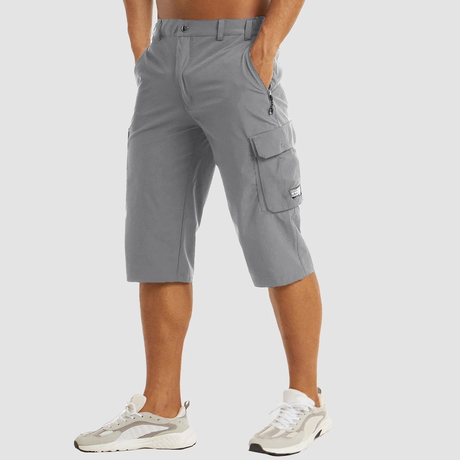 Light Grey Grey Men's Stretch Cargo Pants — Desmond Slim Fit Multi-Pocket Shorts - Front Pose
