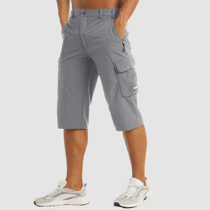 Light Grey Men's Stretch Cargo Pants — Desmond Slim Fit Multi-Pocket Shorts - Front Pose