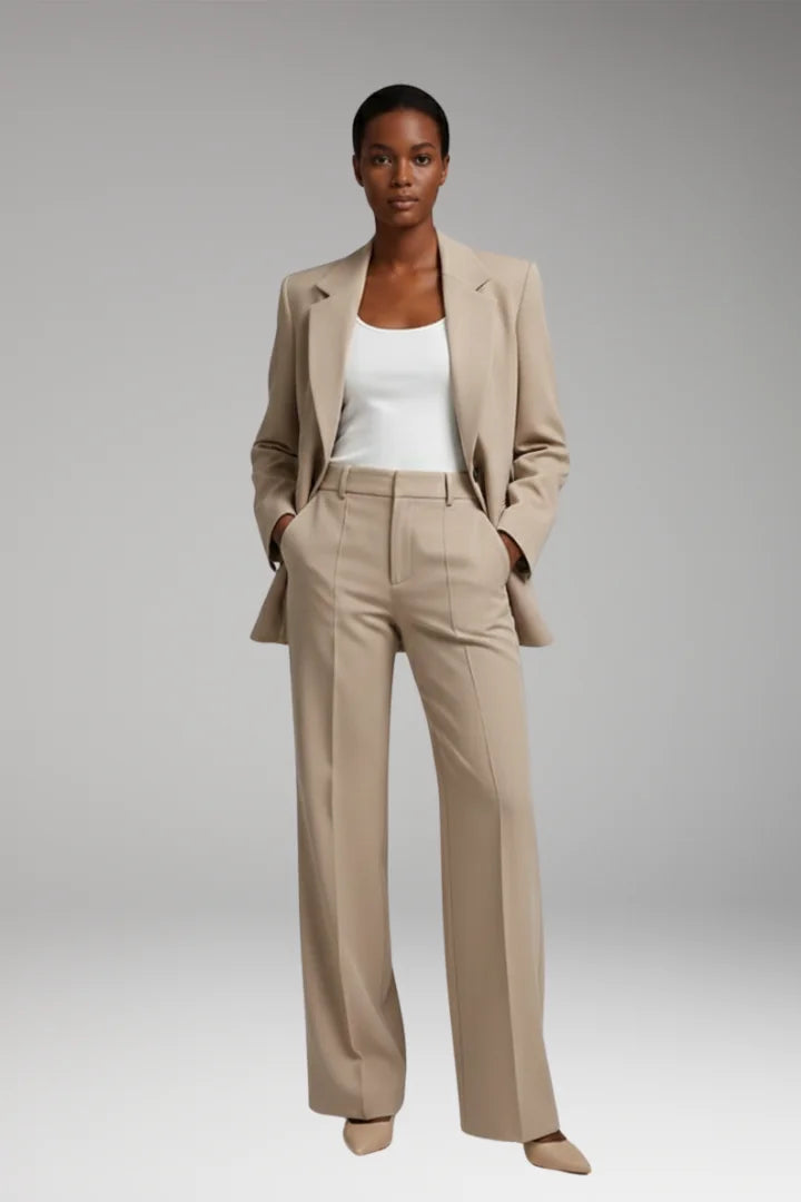 Beige Women's Tailored Blazer Pantsuit — Liana Structured Straight-Leg Two-Piece - Front Full Oversized