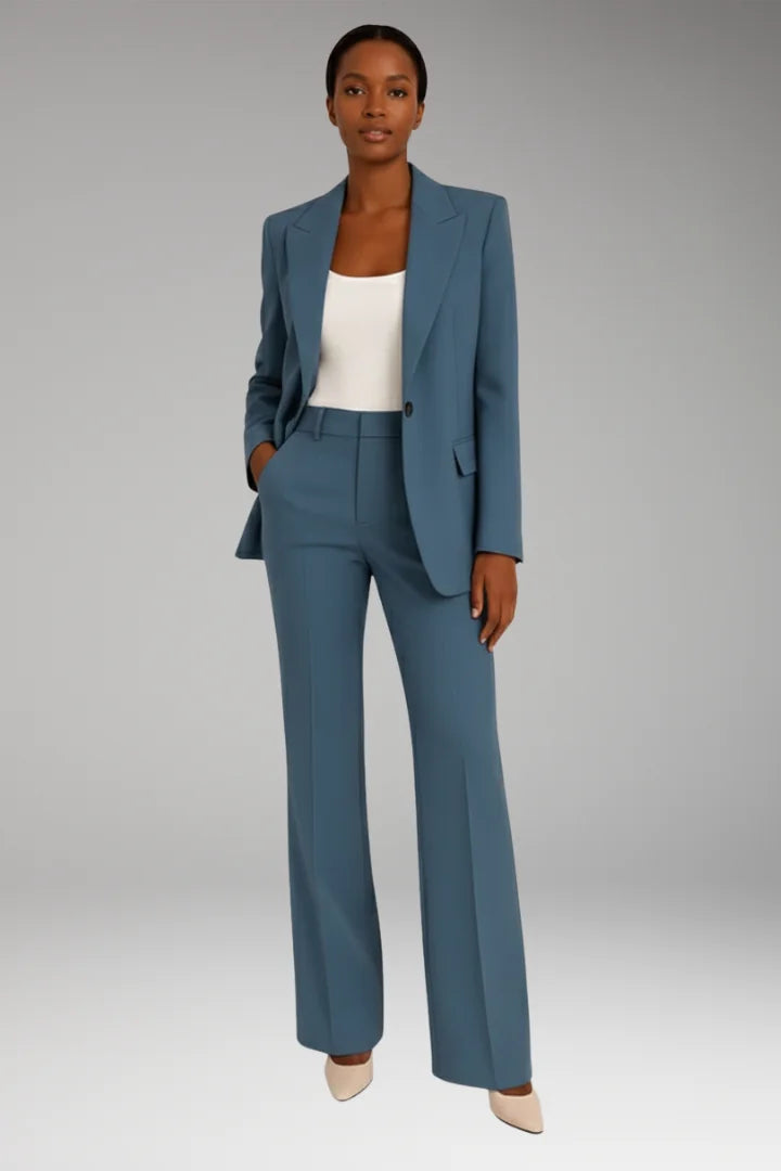 Blue Women's Tailored Blazer Pantsuit — Liana Structured Straight-Leg Two-Piece - Front Full Studio